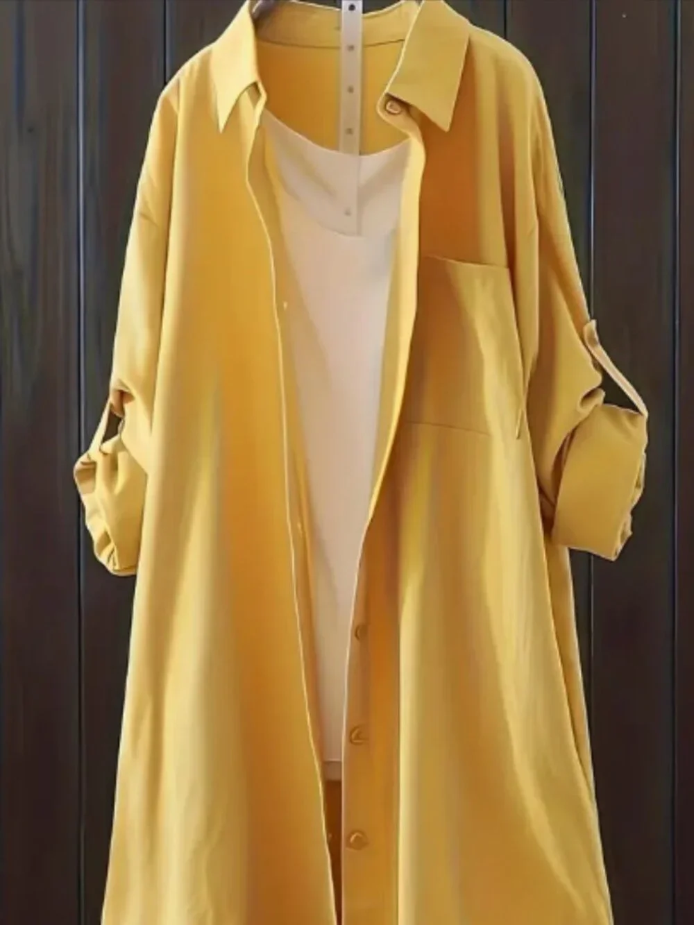 Women's Yellow Solid Patch Pocket Long Sleeve Button Front Shirt- Casual Blouse
